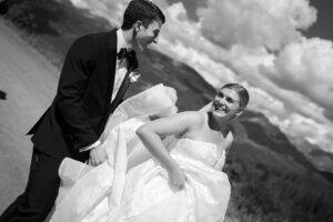 Couple walking after first look on Vail Mountain 
